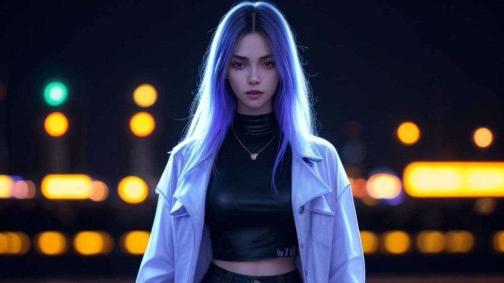Stunning AI art generator no restrictions example featuring a realistic portrait of a stylish young woman with glowing purple-blue hair, wearing a sleek black top and lavender jacket against a blurred cityscape with vibrant lights.